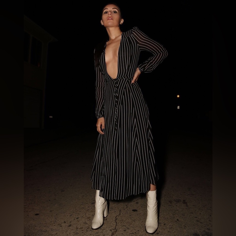 Reformation Ashley dress black & white striped long sleeve wrap sheer midi dress - Picture 3 of 11